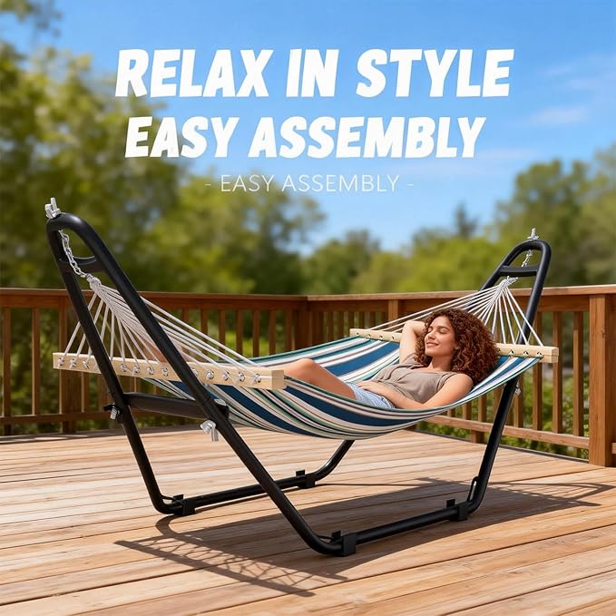 Ferrisland Double Hammock for Outside, Blue Green Striped Soft Hammock for Indoor Outdoor Patio Yard Garden and Balcony, 550 lbs Weight Capacity Portable Hammock with Carrying Bag (Blue Green Striped)