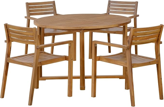 RuiSiSi Patio Furniture Set with Solid Wood Table & 4 Chairs, 5-Piece Outdoor Round Dining Set with Slatted Design, Garden Conversation Set, Natural