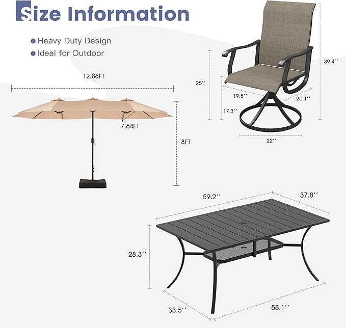 VICLLAX 8 Pieces Patio Dining Set with Patio Umbrella, 6 Patio Swivel Chairs and Metal Patio Table with 15ft Wheat Outdoor Umbrella for Backyard, Mixed Brown Chairs & Black Tabletop