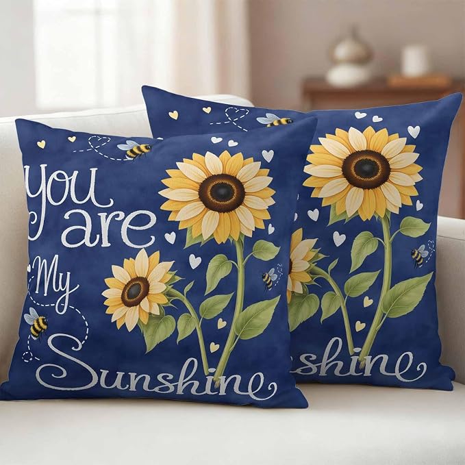 Outdoor Pillow Covers You are My Sunshine Words Decorative Throw Pillow Covers, Farm Sunflowers Bee on Blue Throw Cushion Case with Zipper for Patio,Couch,Sofa,Garden 18x18in Set of 2
