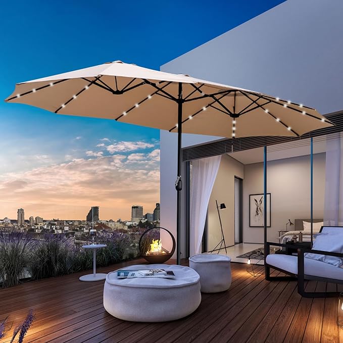 15ft Double Sided Patio Umbrella with Solar Lights, Outdoor Large Umbrellas with Crank Handle and 36 LED Lights, Rectangular Market Umbrella with Base Included for Deck Pool Shade (With Base)