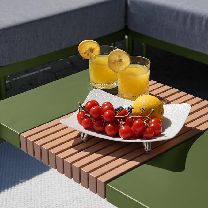 Metal Patio Furniture Set, 5 Pieces Outdoor Sectional Couch with Coffee Table & Washable Thick Cushion, Modular Outdoor Corner Sofa Sets for Balcony, Patio & Courtyard (Gray/Green)