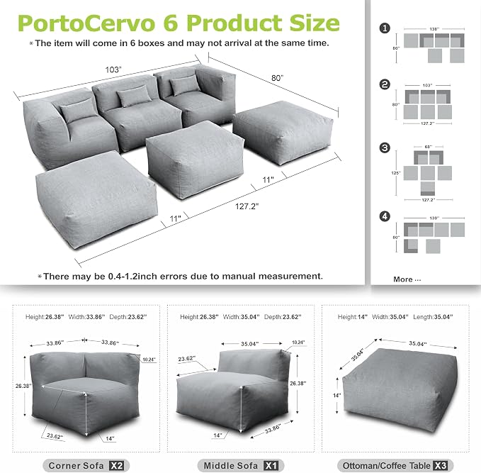 Dineli ANNYH CALALUNA 6Pc Patio Garden Furniture Sectional Conversation Set.Combines 1 Middle & 2 Corner Chairs, 3 Ottoman, Outdoor Exp Foam Filled Modular Contemporary Sofa (Dark Gray)