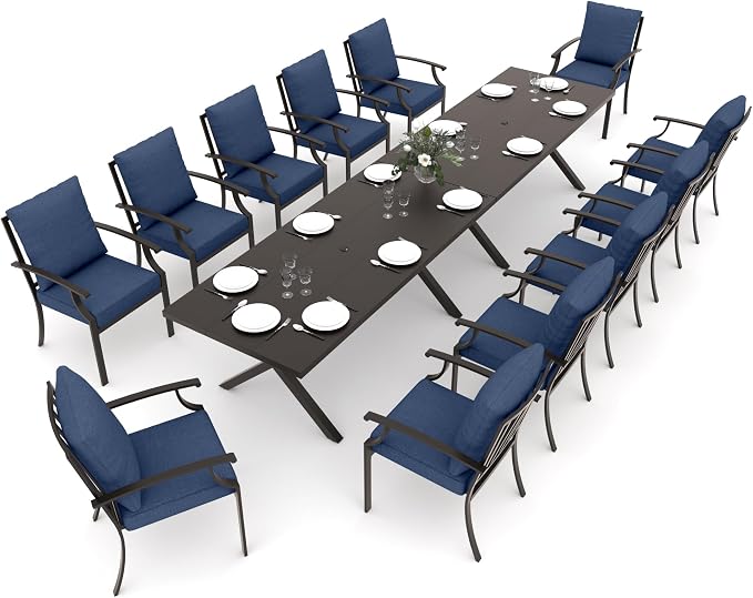 Gotland 14 Piece Outdoor Dining Set, Metal Outdoor Table and Chairs with X-Shaped Legs 1.5" Umbrella Hole, Patio Furniture Set with Waterproof Cushions, Patio Dining Sets for Backyard Deck Navy