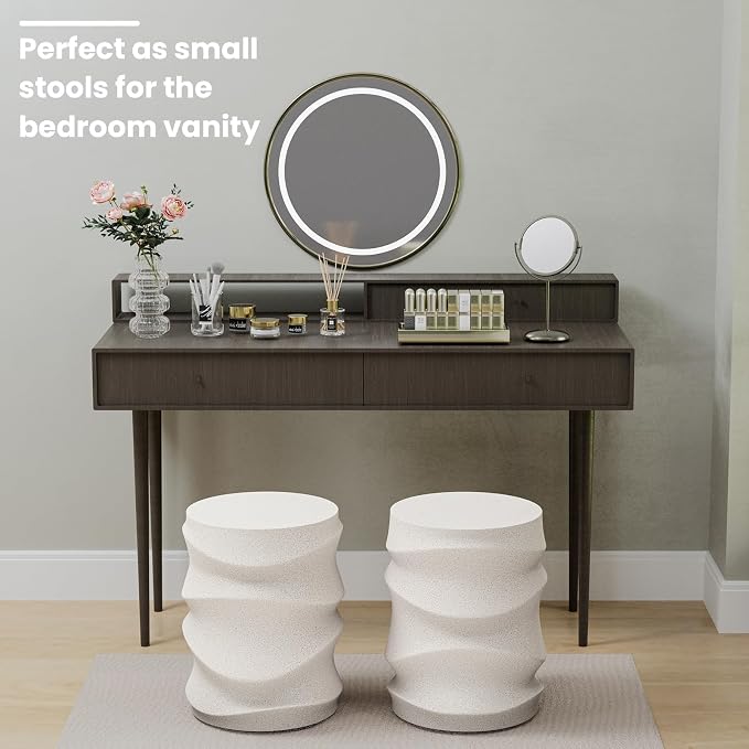 SUNBURY Outdoor Side Tables Set of 2, 18" H Concrete Accent End Table Streamlined, Small Round Cement Plant Stands Table, Decorative Garden Stools for Backyard, Spotted White
