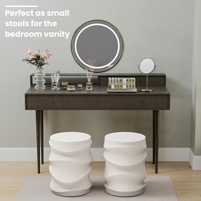 SUNBURY Outdoor Side Table, 18" H Concrete Accent End Table Streamlined, Small Round Cement Plant Stands Table, Decorative Garden Stools for Backyard, Spotted White