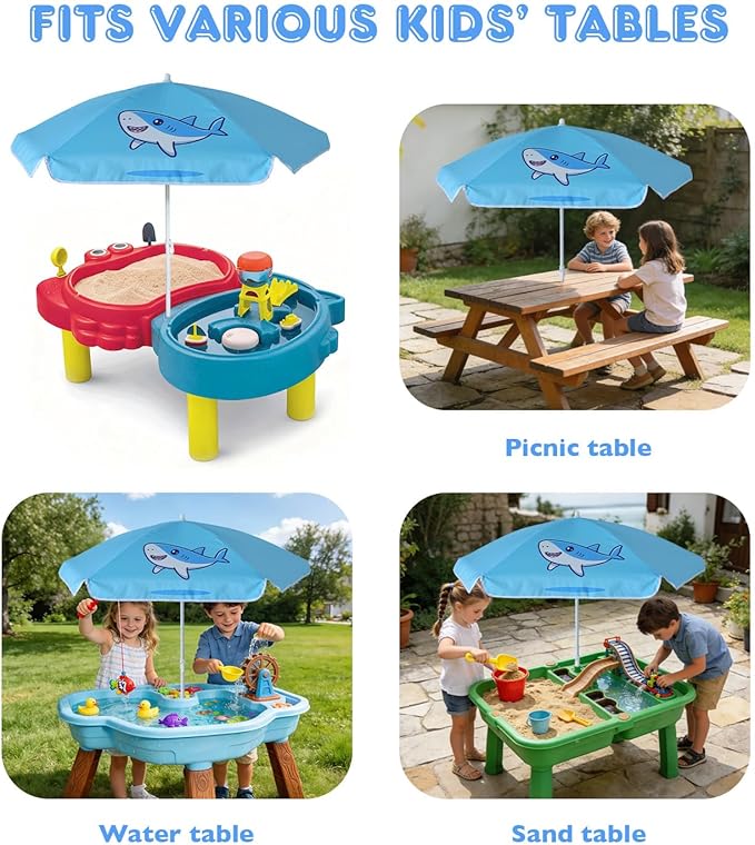 AMMSUN 5ft Seaside Umbrella for Sand Box Water Table - Kids Durable Umbrellas for children Picnic Beach Camping Garden Outdoor Play Shade (5ft Light Blue Shark)