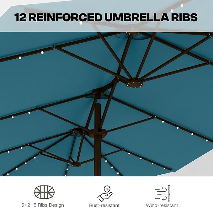 15ft Large Patio Umbrella with Solar Lights and Base, Double-Sided Outdoor Rectangle Umbrella with 48 LED Lights, Market Table Umbrellas with UV Resistant Canopy