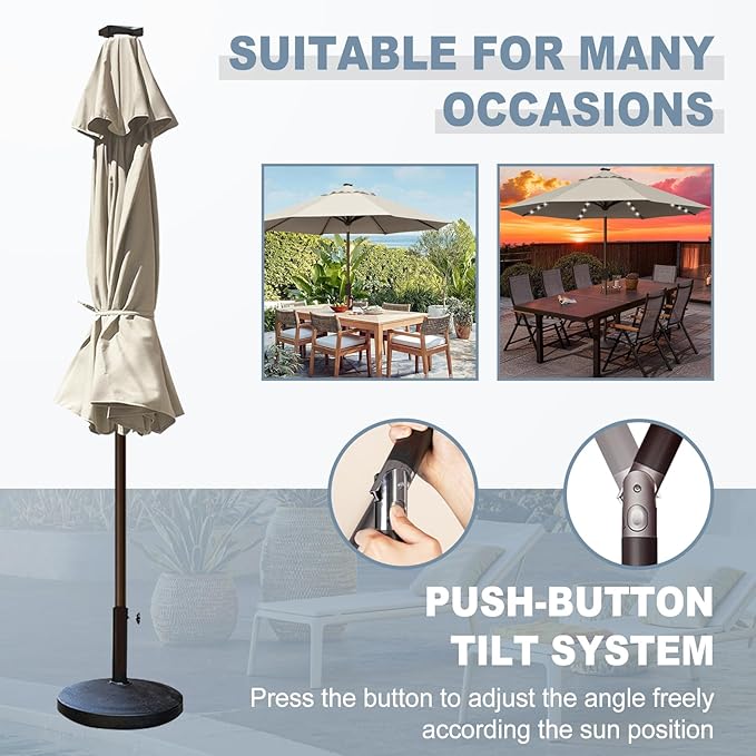 EliteShade USA 10-Year-Non-Fading 10ft Market Patio Umbrella, Commercial Grade Table Sun Umbrella with 80 Solar LED Lights, Crank Open, Windproof & UPF 50+ UV Protection for Garden, Deck, Pool, Backyard, Antique Beige