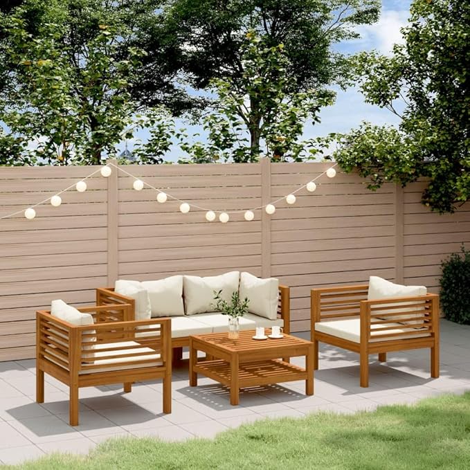 5 Piece Patio Lounge Set, Sectional Sofa Garden Lounge Set Patio Conversation Set Porch Furniture Set for Piazza Poolside Garden Exhibition with Cream Cushion Solid Acacia Wood