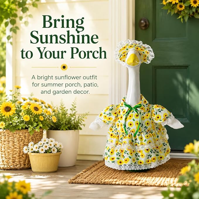 Spring Summer Porch Goose Outfit for 23 Inch Goose Statue, Sunflower Porch Goose Clothes with Lace Trim and Matching Hat, Cute Goose Statue Clothes for Outdoor Yard Lawn Patio Garden Decor