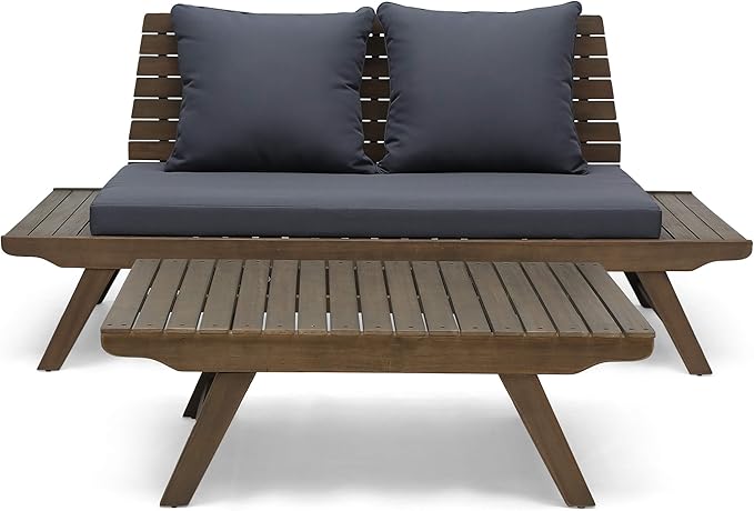 Christopher Knight Home Sedona Outdoor Acacia Wood Loveseat and Coffee Table Chat Cushion Patio Furniture Conversation Sets, 65 "W x 28.25 "D x 29.5 "H, Gray + Dark Gray