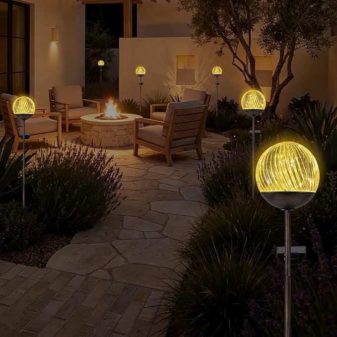 Solar Globe Stake Lights - Twinkle Effect Outdoor Acrylic Ball Garden Lights with 20 LED, IP44 Waterproof,Metal H-Shaped Ground Spike for Yard, Pathway, Patio Decor (Bronze Stake, 2 Pack)