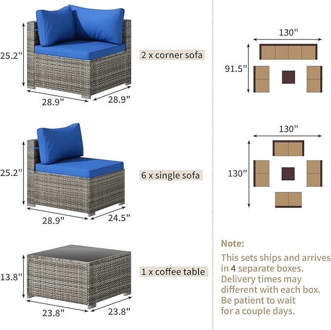 9 Piece Patio Furniture Set, Outdoor Wicker Patio Sofa Set, PE Rattan Sectional Couch with Glass Table and Blue Cushions, All-Weather 9 Piece Outdoor Patio Furniture Sets, Grey