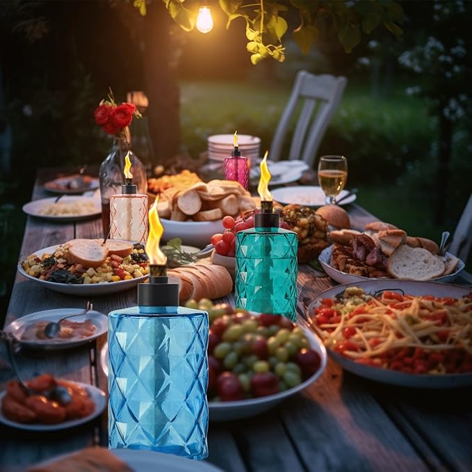 4 Pack Glass Table Top Torches Tesrago, Citronella Torches for Outside, with Wick and Cap, Refillable Flame Light Torch, Decorative Tabletop Lantern for Yard, Patio,Deck,Garden,Outdoor Party,Landscape