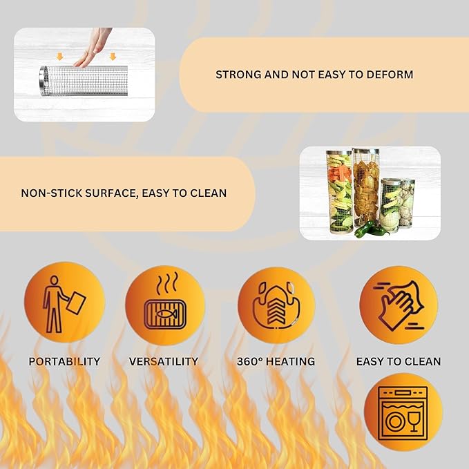 Rolling Grilling Basket for Outdoor Grilling - 2PCS - Stainless Steel BBQ Accessories for Outdoor Grill & Camping - Grill Baskets for Shrimp, Fish, Vegetable & Meat (1M1L) - Bundled with Oil Sprayer & Cleaning Brush