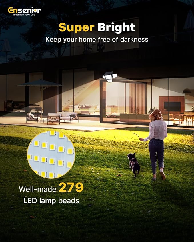 Ensenior Solar Lights Outdoor, Motion Sensor Outdoor Light with Remote Control, IP65 Waterproof 279 LED 4 Heads Solar Security Light with 4 Mode, 270° Wide Angle Solar Flood Light for outdoor, 4 Packs