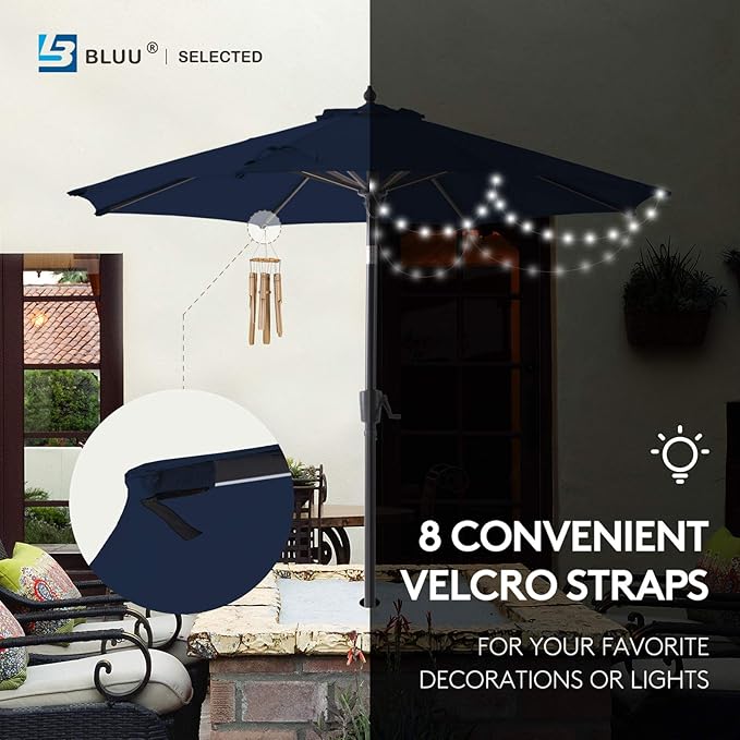 BLUU MAPLE Navy 10 FT Patio Umbrella with 3-Year Color Fastness Olefin Canopy, Market Umbrellas with 8 Strudy Ribs & Push Button Tilt for Garden, Lawn & Pool