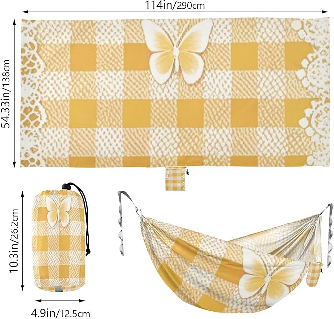 Lovely Yellow Lace Butterfly Plaid 330lb Capacity Camping Hammocks with Portabl Carry Bag Tree Hammock for Indoor Outdoor Patio Base para poner hamaca