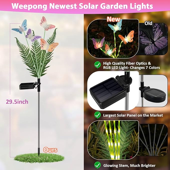 Weepong Solar Lights Outdoor Decorations Waterproof Newest Solar Garden Lights with Glowing Stems, 7-Color Changing Butterfly Flower Light for Outside Yard Pathway Garden Decor, Gift for Mother,2Pack