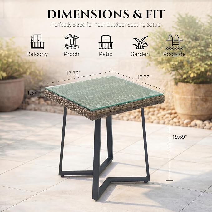 Rattan Tricot Patio Conversation Set, 3 Piece Set with 360° Rotary Sliding Chair and Side Table, Deep Seat, Wide Armrest, Thick Cushion, for Patio, Porch, Deck (Beige, 1 Pcs - Side Table)