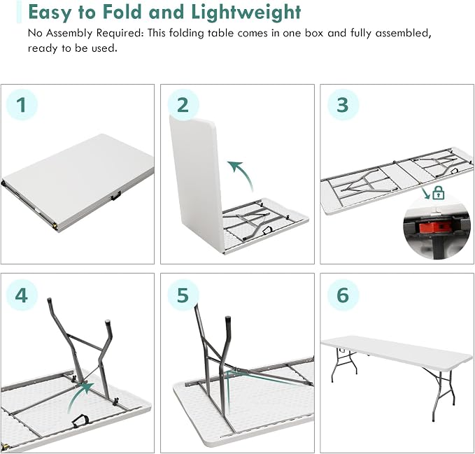 AJP Distributors 6 Foot Portable Plastic Folding Table 6FT 72" Half Foldable Heavy Duty Top w/Carry Handle - Indoor Outdoor Backyard Camping Picnic BBQ Party Wedding Dining Office Event Meeting White