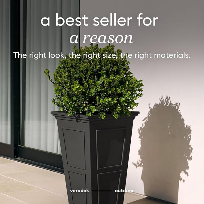 Veradek Brixton Series Tall Plastic Planter (Black, 26" H x 14.75" W x 14.75" L - 2 Pack with Shelf)