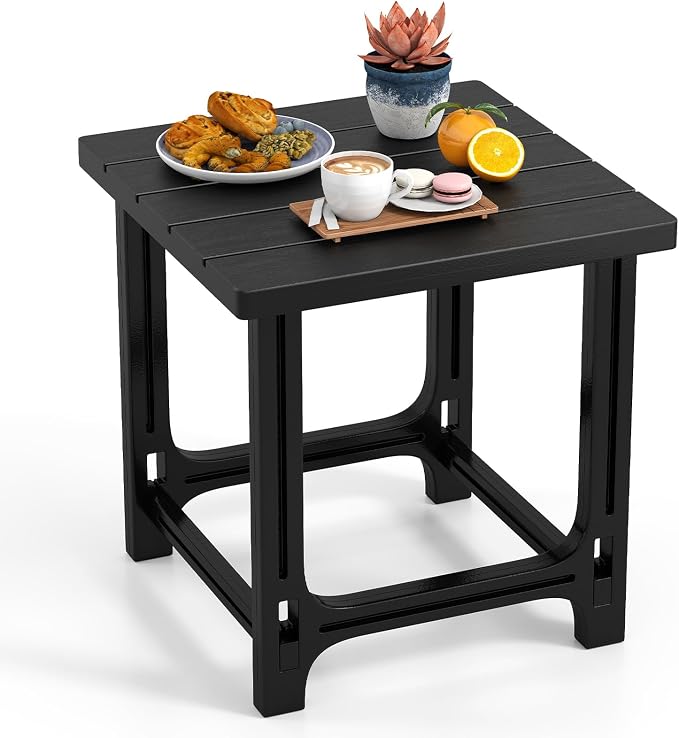 Tangkula Outdoor Adirondack Side Table, 18" Heavy Duty HDPE Patio End Table with Slatted Surface, 0-Screw Assembly, Easy Maintenance, Small Outdoor Side Table for Porch, Pool, Garden, Deck (Black,1)