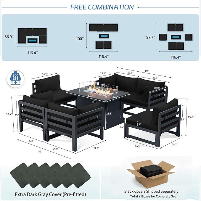 NICESOUL 7 Piece Modern Aluminum Patio Furniture Set with Fire Pit Table, 500 lbs Heavy Duty Outdoor Sectional Sofa, 29" Deep and Wide Big Seats, L Shaped Modular Conversation Couch for Deck, Black