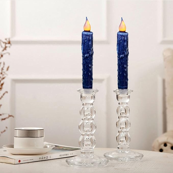 CVHOMEDECO. Real Wax Hand Dipped Battery Operated LED Timer Taper Candles Rustic Primitive Flameless Lights Decor, 6-3/4 Inch, Navy Blue, 6 PCS in a Package