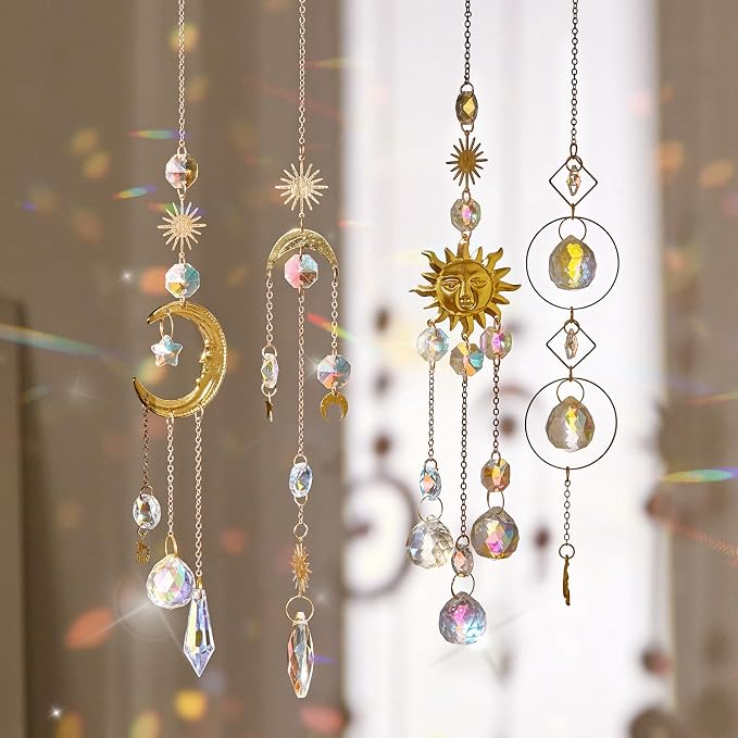 4PK Crystal Suncatcher for Windows Hanging Decor, Prism Sun Catcher with Chain and Hook, Rainbow Maker for Ceiling Garden Home Indoor Ornaments