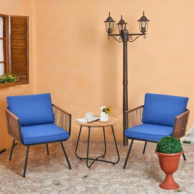 MARURY 3PC Patio Birsto Furniture Set, Outdoor Conversation Set, Cushioned Sofa Armrest Coffee Table Blue, for Porch, Garden, Balcony
