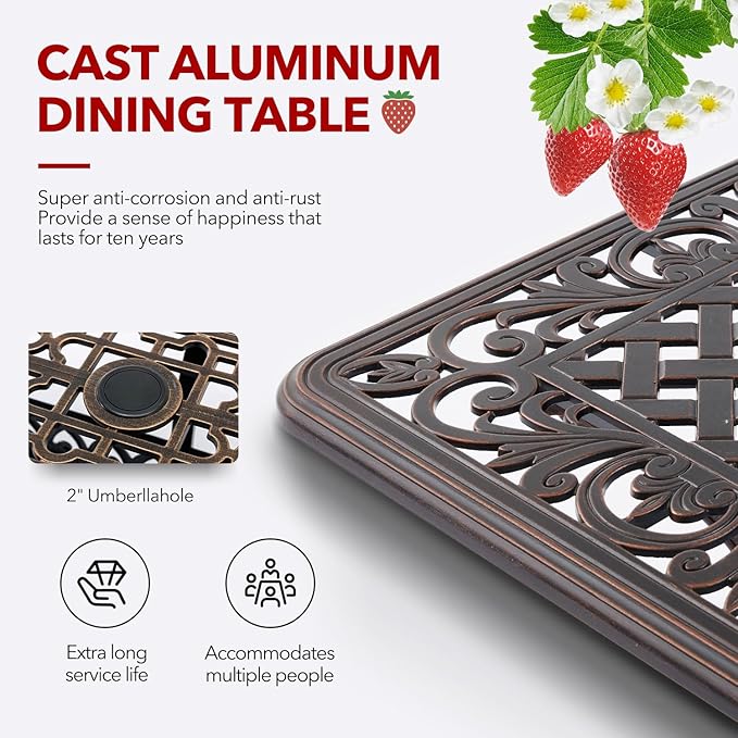 7 Piece Strawberry Outdoor Dining Set Cast Aluminum Retro Patio Dining Set for 6 Includes 59” Rectangular Table and 6 Chairs with Thicker Cushions and Umbrella Hole for Patio Deck Garden