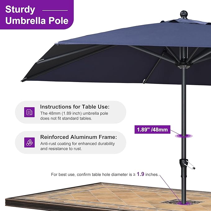 PURPLE LEAF 10' x 10' Square Patio Umbrella Outdoor Table Umbrella Aluminum Frame Market Umbrella Sun Umbrella with 8 Sturdy Ribs for Garden Deck Lawn Pool Navy Blue