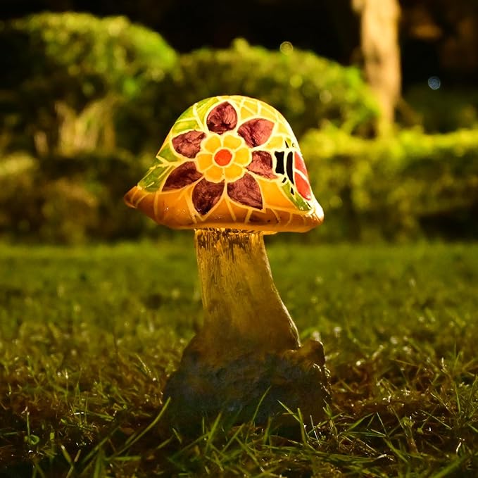 Mushroom Solar Lights Outdoor: Fairy Garden Decor Mosaic Art Outside Statue LED Figurine Backyard Lawn Ornaments Flowerbed Porch Gift Ideas for Lover Mom Grandma