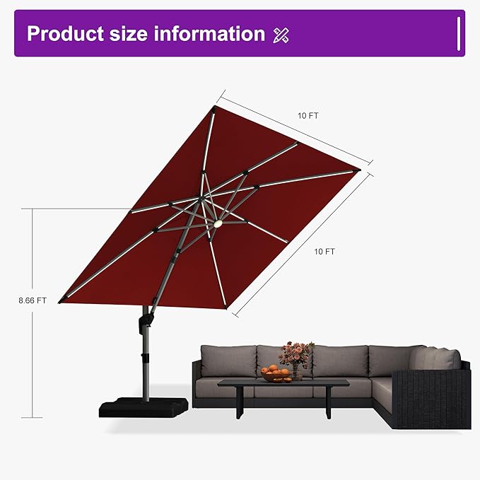 PURPLE LEAF Patio Umbrella with base 10 Feet Outdoor Square Cantilever Umbrella Solar Powered LED with 360-degree Rotation for Garden Deck Pool Patio, Brick Red