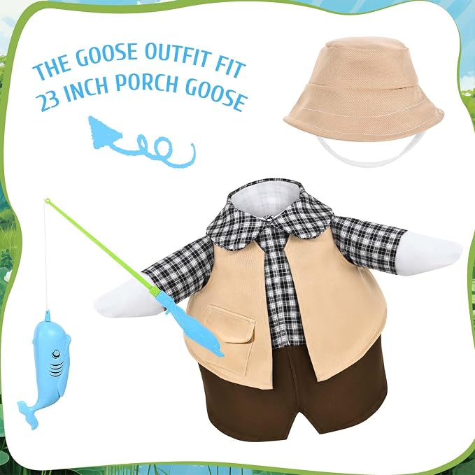 JcHrmers Fishing Porch Goose Outfits Fisherman Lawn Goose Clothes Fit 23" High Cement or Plastic Goose Statue for Outdoor Garden Yard Patio Decor