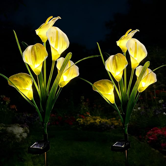 2 Packs Calla Lily Solar Flowers Outdoor Waterproof - Decorative Solar Lights Outdoor for Garden Yard Pathway, Grave Flowers for Cemetery,Mother's Day, Father's Day, Memorial Day & Heaven Birthday