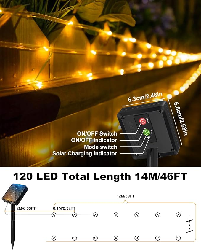 btfarm Solar Rope Lights, 120LED 46FT Solar String Lights Outdoor Waterproof, 8 Lighting Modes Solar Powered Strip Trampoline Light for Outside Garden Tree Christmas Yard Patio Decor, Warm White