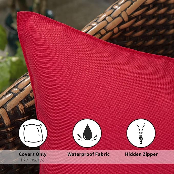 MIULEE Decorative Outdoor Waterproof Pillow Covers 18x18 Red | Decorative Patio Furniture,Pack of 2,Accent Square Soild Throw Pillow Covers,Summer Garden Tent Couch Sofa