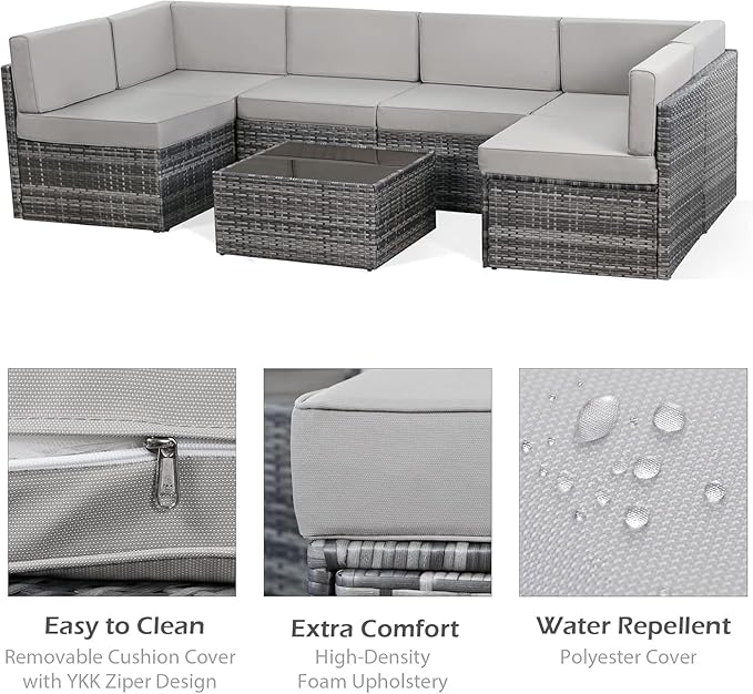 U-MAX 7 Piece Outdoor Patio Furniture Set, PE Rattan Outdoor Wicker Sectional Furniture Chair Set with Cushions and Tea Table, Grey Rattan and Grey Cushion