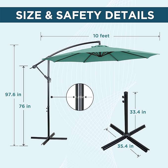 10FT Offset Patio Umbrella, Cantilever Hanging Umbrella with Infinite Tilt, Fade-Resistant Water-Repellent Canopy & Cross Base for Yard, Garden & Deck