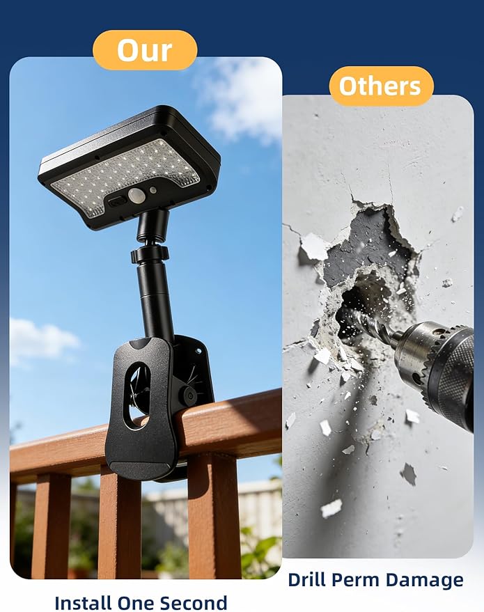 Solar Clip Light with Motion Sensor, Waterproof Clip On Solar Lights Outdoor, 360°Rotatable & 45°Up-Down Adjustable Solar Fence Ligh, Dual Charging Modes,Solar Security Light for Garden Garage