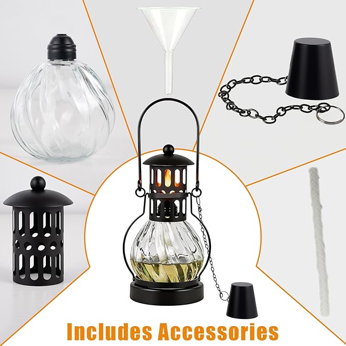 3 Pack Glass Table Top Torches, 14 oz Citronella Torches for Outside, Features hanging handles, Refillable Flame Light Torch, Decorative Tabletop Lantern for Yard, Patio, Garden, Party, Landscape