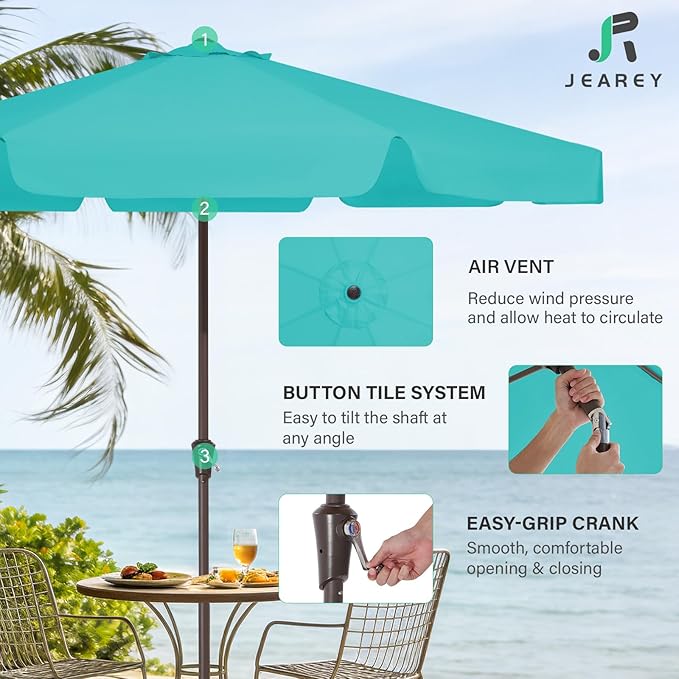 JEAREY 9 FT Patio Umbrella Outdoor, Table Umbrellas Market Umbrella w/Push Button Tilt/Crank, 8 Sturdy Ribs(Teal)