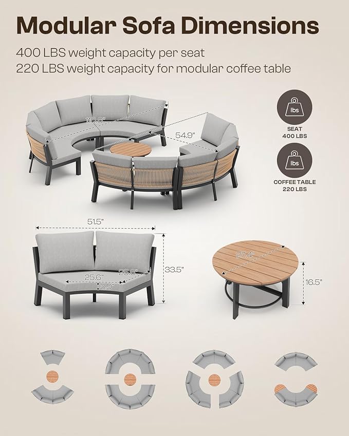 Half Moon Patio Furniture Set, Aluminum Curved Patio Conversation Sets, Luxury Outdoor Sectional Sofa with PE Rope, All-Weather 4 Pcs Outdoor Couch with Modular Coffee Table & Cushions, Gray
