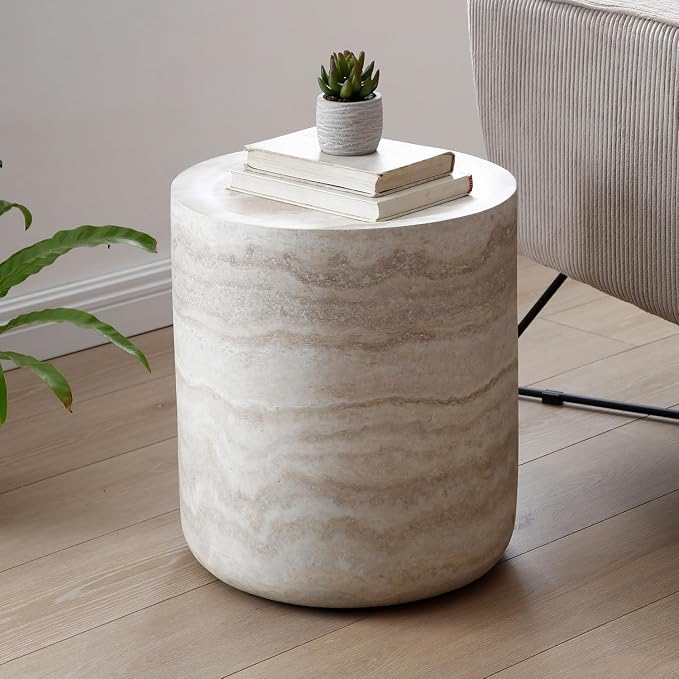 Faux Marble Round Side Table for Living Room Faux Stone Side Table End Tables Modern Travertine Circle End Tables for Apartment, No Need Assembly (Fiberglass-15.74'')