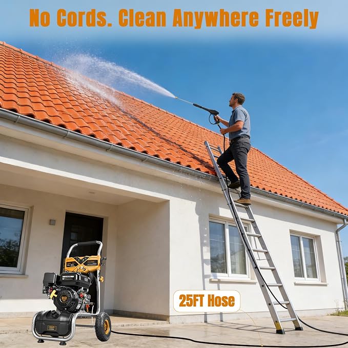 3500PSI Gas Pressure Washer, 212CC / 2.3GPM / 7HP / 4-Stroke Gas Power Washer with 4 Quick Connect Nozzles, 25FT Hose, Soap Tank, Gas Powered Pressure Washers for Driveways Decks Cars Paint Prep