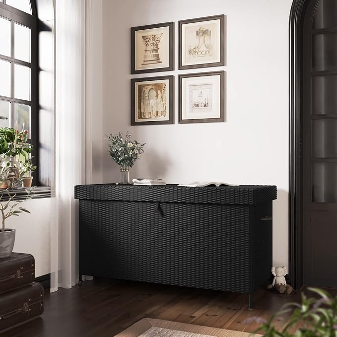 Grand patio SORIA 170-Gallon Deck Storage Box for Indoor and Outdoor Storage Wicker Storage Furniture for Patio Cushions, Garden Tools, Pool Accessories - Black