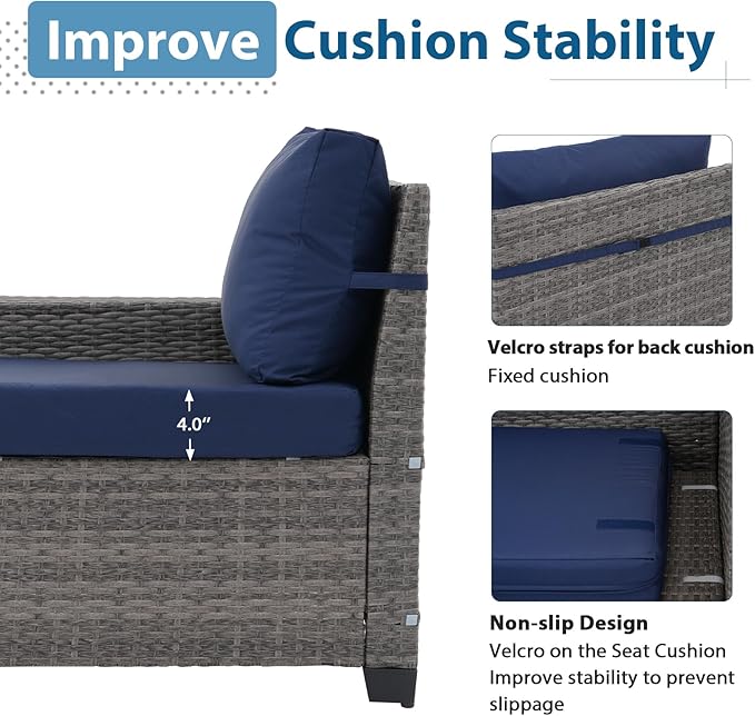 JOIVI 6 Pieces Outdoor Patio Furniture Set, Rattan Patio Sectional Sofa Conversation Set with Coffee Table, PE Wicker L-Shaped Sofa Set with Cushions for Garden, Backyard, Deck, Navy Blue